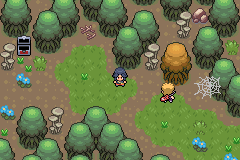 Nyx exploring a woodland trail in Pokémon Odyssey, surrounded by trees, rocks and spider webs