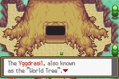 The entrance at the roots of Yggdrasil, with dialogue identifying it as the World Tree