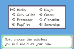 The eight subclass choices shown in Pokémon Odyssey II
